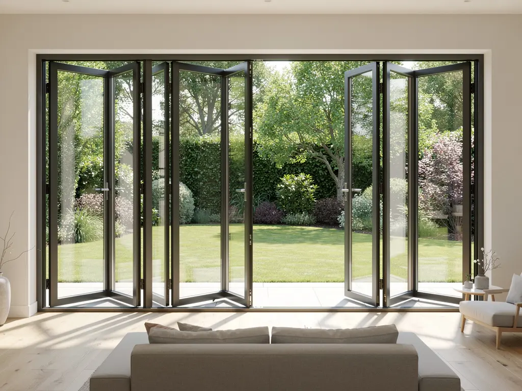 Baie vitrée coulissante en aluminium ouverte sur le jardin