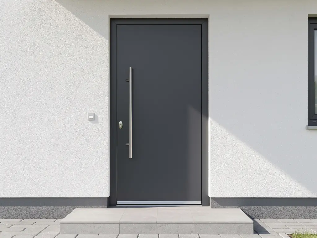 Porte d'entrée en aluminium gris anthracite sur une façade rénovée