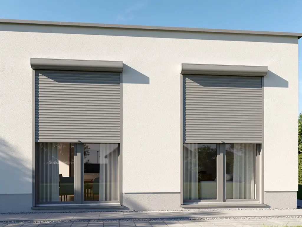 Volets roulants motorisés posés au-dessus des fenêtres d'un pavillon